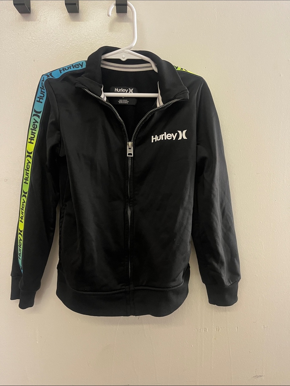 Hurley Black Track Jacket with Neon Green and Teal Shoulder Stripes